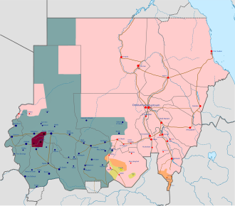 A map of Sudan, showing the RSF dominant in the west of the country, the SAF dominant in the east and the centre split between both sides