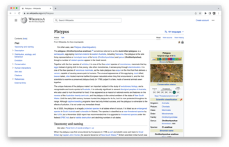 Screenshot of the English Wikipedia article "Platypus", viewed online through a web browser.
